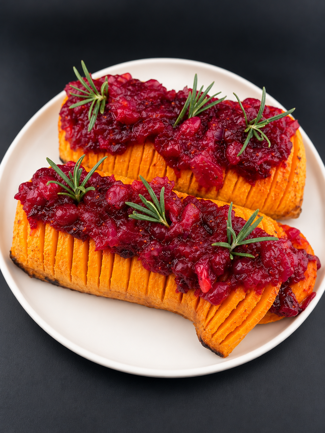 
                  
                    Hasselback Butternut Squash with Caramelized Cranberries
                  
                