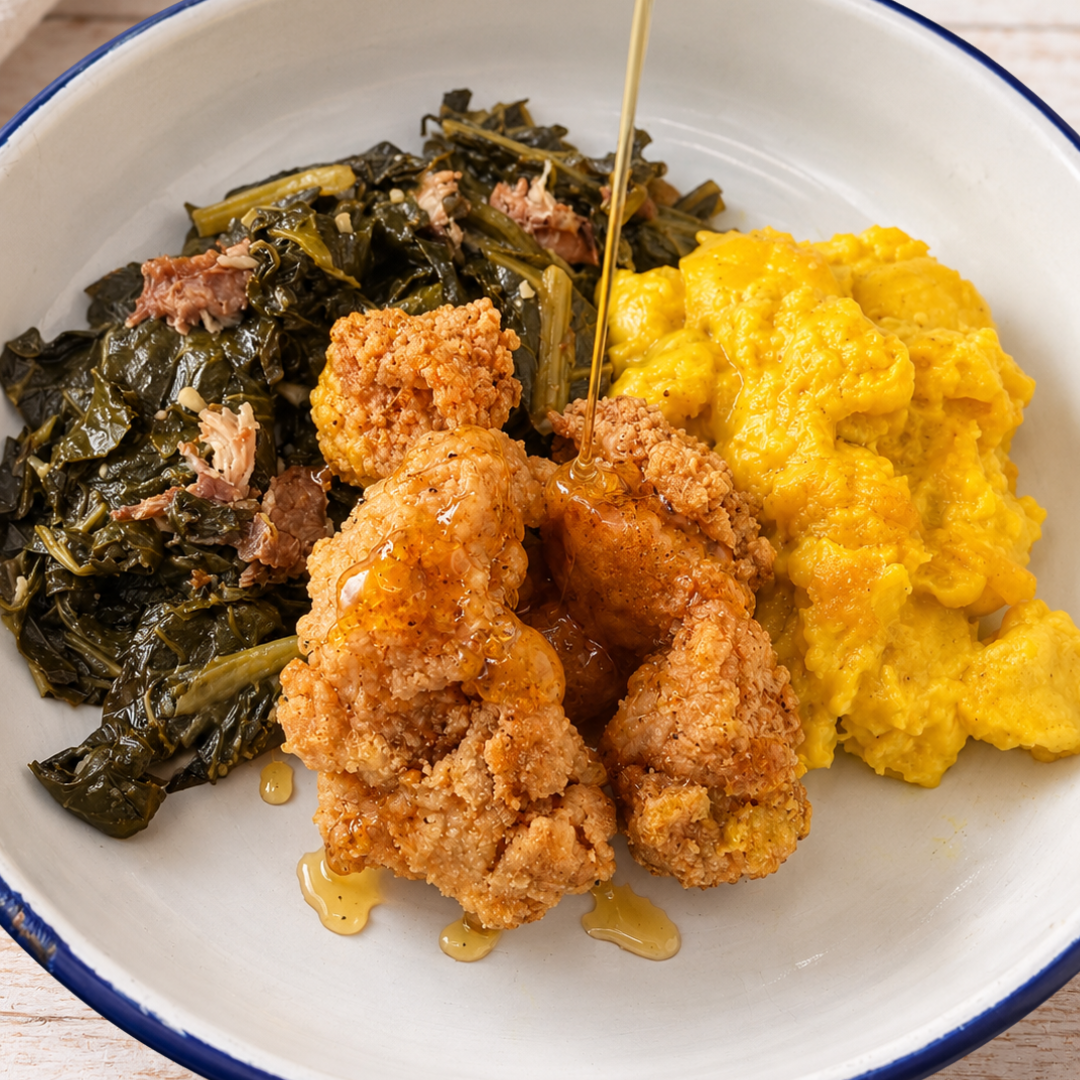 
                  
                    Southern Comfort Chicken Plate w. Collard Greens & AIP Mac & Cheese
                  
                