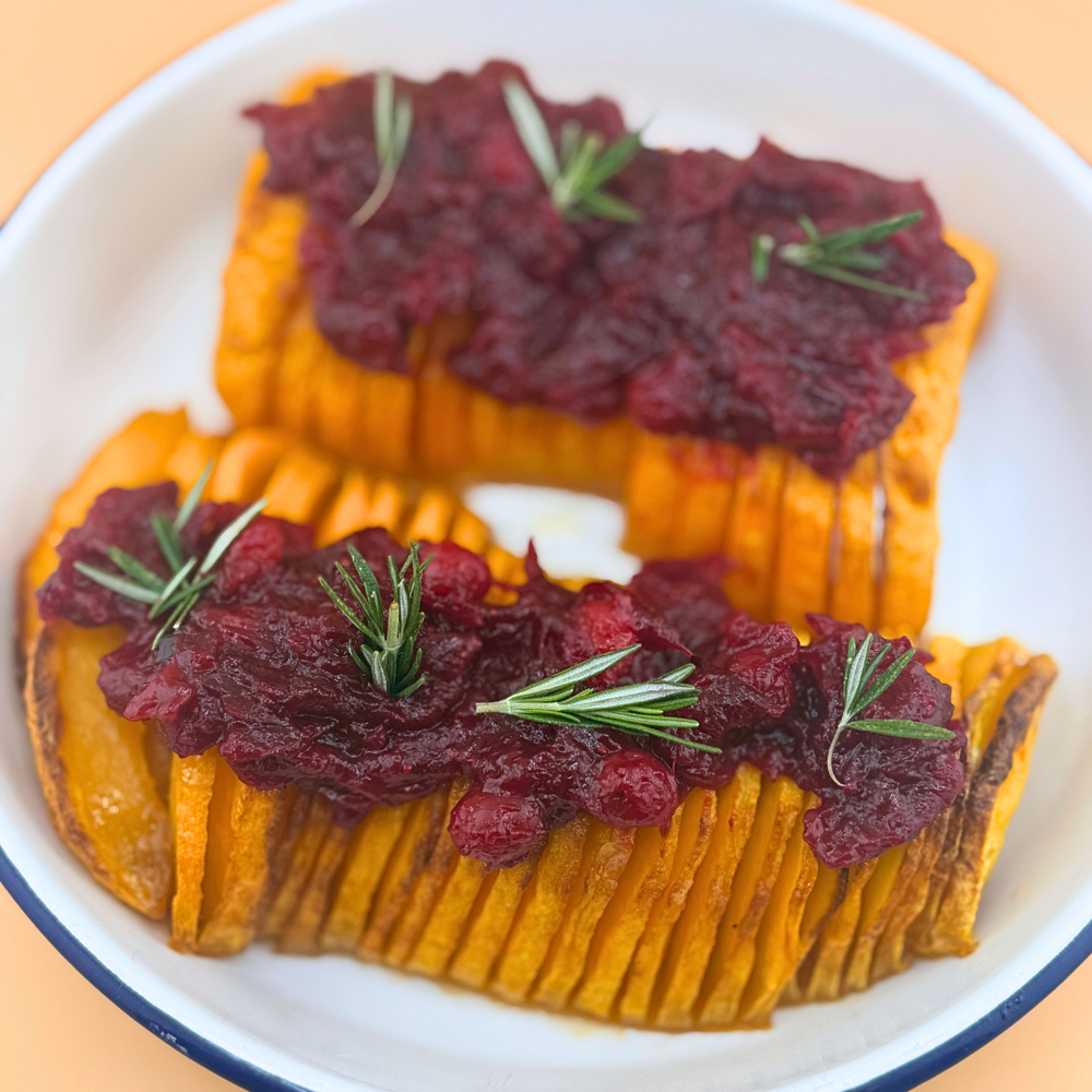 Hasselback Butternut Squash with Caramelized Cranberries